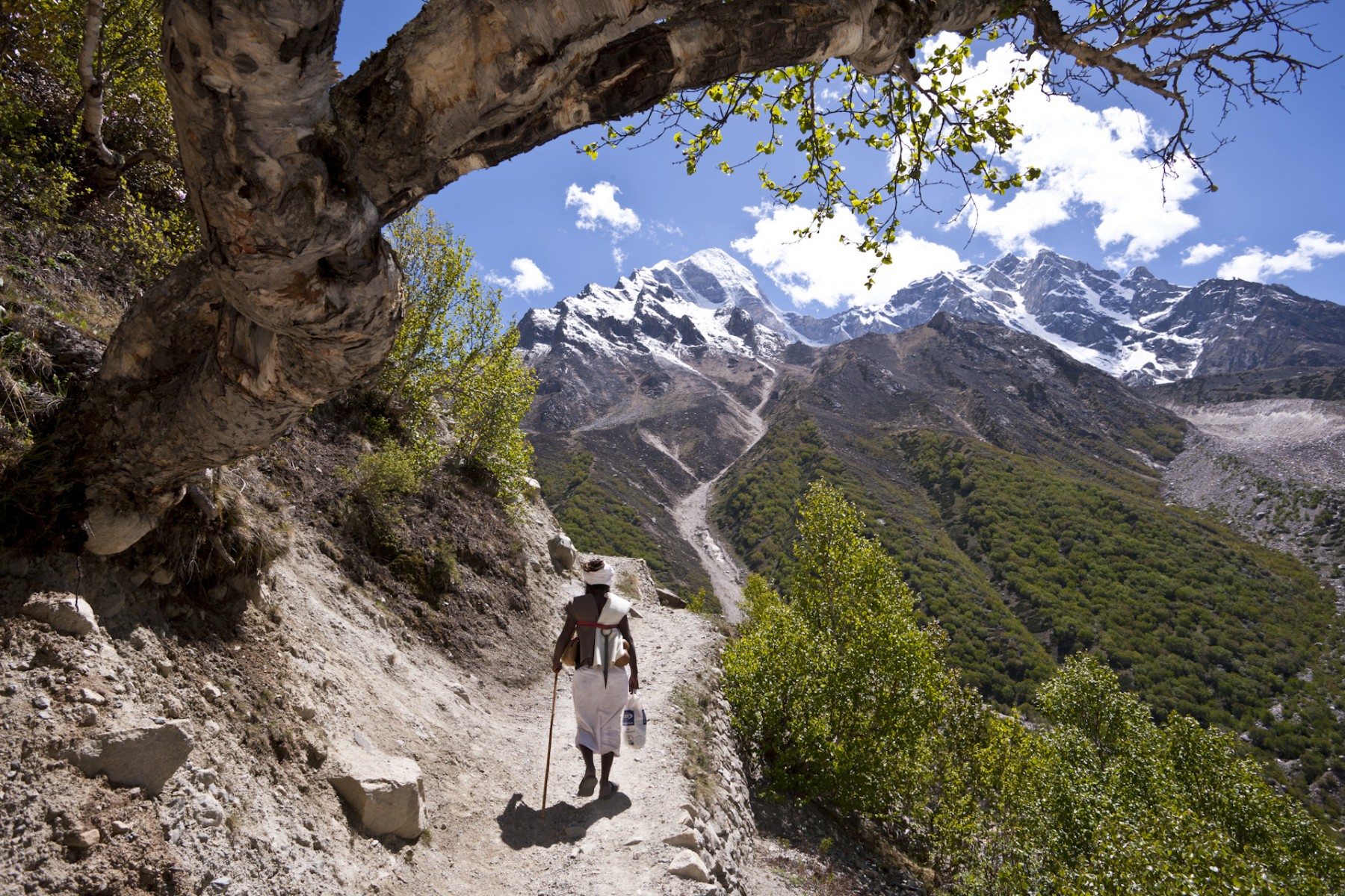 A lone pilgrim walks among stunning scenery as the path follows the steep sided valley from Gangotri.