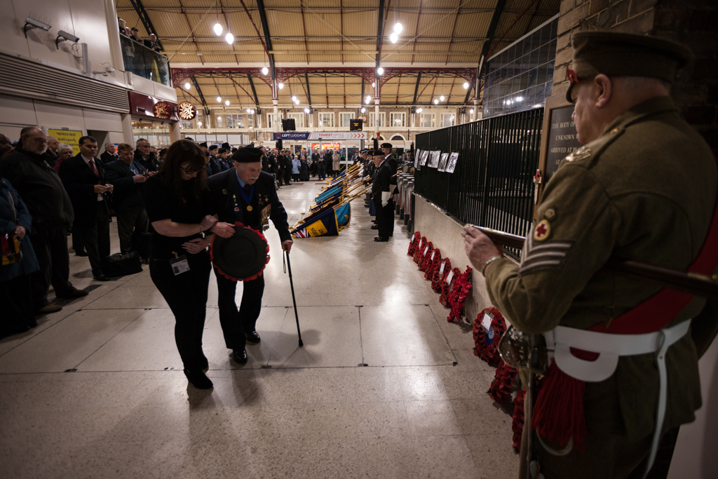 A remembrance ceremony organised by the Western Front Association at Victoria station to mark the occasion of the arrival of the body of the British unknown warrior on the 10th November 1920 before it was formally interred at Westminster Abbey the following day